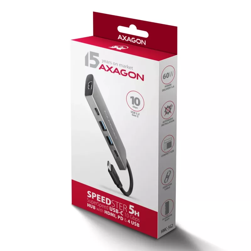 Axagon HMC-5G21 USB 10Gbps šakotuvas, 2x USB-A, 2x USB-C, HDMI 4k/30Hz, PD 60W, USB-C laidas