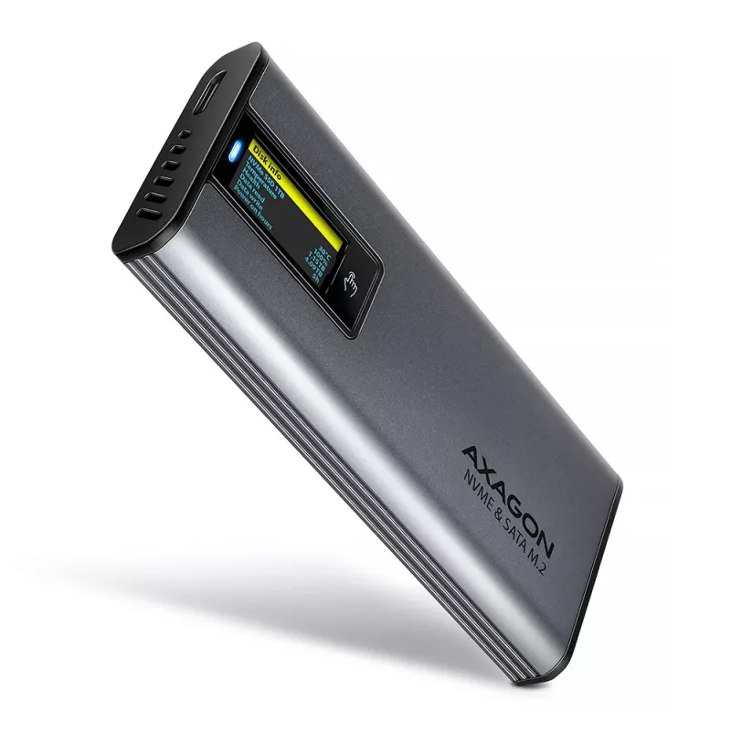 Axagon EEM2-SD2 USB-C 10Gbps - M.2 NVMe & SATA SSD Dėžutė Su Ekranu