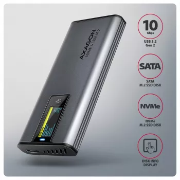 Axagon EEM2-SD2 USB-C 10Gbps - M.2 NVMe & SATA SSD Dėžutė Su Ekranu