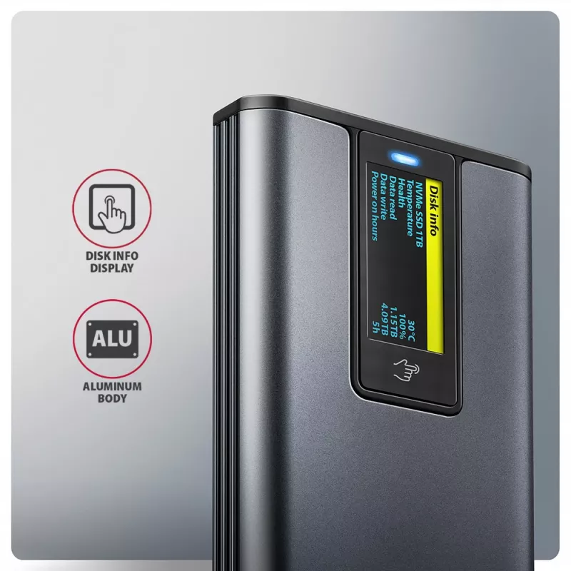 Axagon EEM2-SD2 USB-C 10Gbps - M.2 NVMe & SATA SSD Dėžutė Su Ekranu
