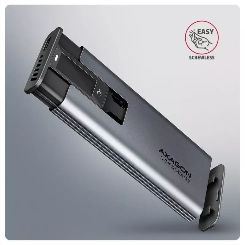 Axagon EEM2-SD2 USB-C 10Gbps - M.2 NVMe & SATA SSD Dėžutė Su Ekranu