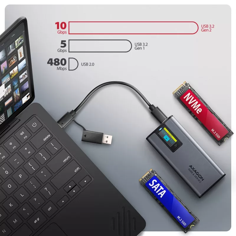 Axagon EEM2-SD2 USB-C 10Gbps - M.2 NVMe & SATA SSD Dėžutė Su Ekranu