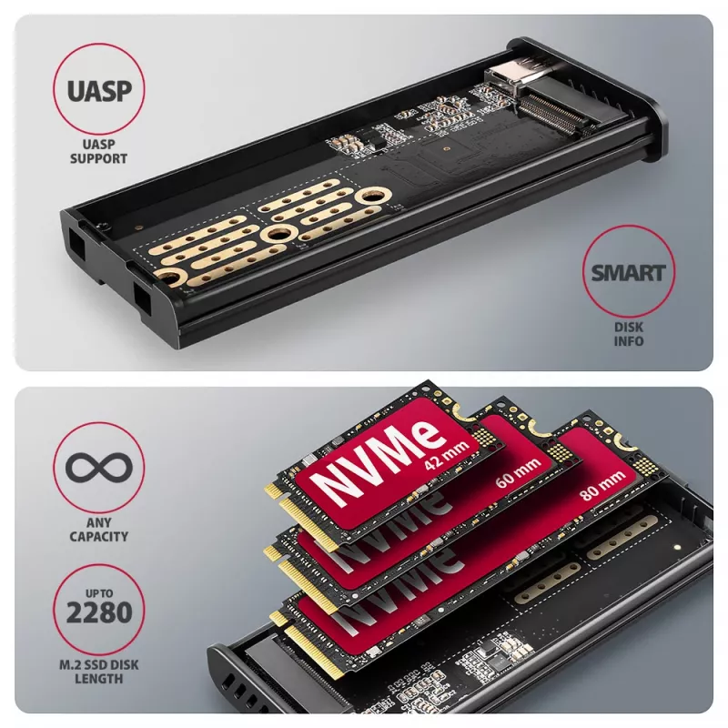Axagon EEM2-SD2 USB-C 10Gbps - M.2 NVMe & SATA SSD Dėžutė Su Ekranu