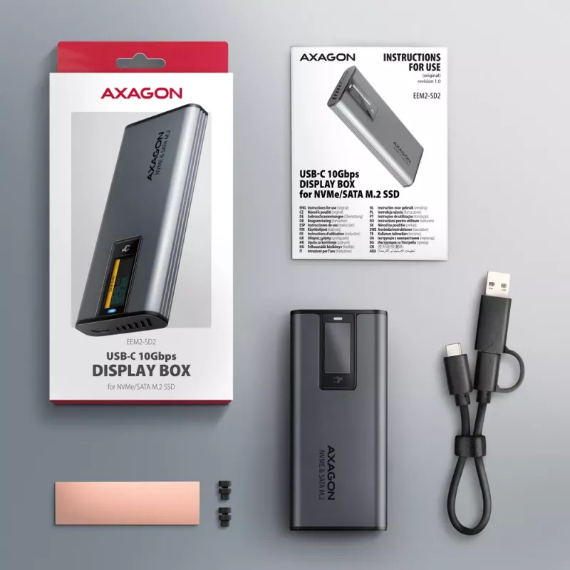 Axagon EEM2-SD2 USB-C 10Gbps - M.2 NVMe & SATA SSD Dėžutė Su Ekranu