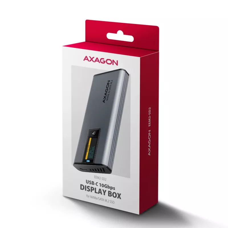 Axagon EEM2-SD2 USB-C 10Gbps - M.2 NVMe & SATA SSD Dėžutė Su Ekranu