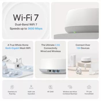 TP-Link BE3600 Whole Home Mesh Wi-Fi 7 sistema (1 vnt.), balta, vidinė, belaidžio tinklo sistema, dviejų dažnių (2,4 GHz / 5 GHz), Wi-Fi 7 (802.11be), 2882 Mbit/s