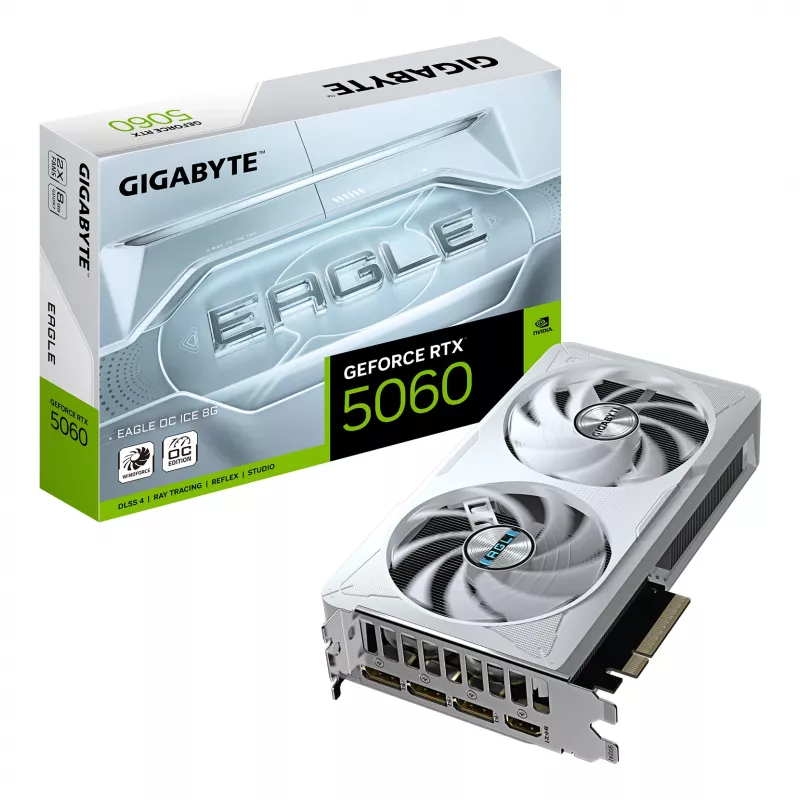 GIGABYTE GeForce RTX 5060 EAGLE OC ICE 8G vaizdo plokštė - 8GB GDDR7, 128bit, PCI-E 5.0, 2550 MHz branduolio dažnis, 3 x DisplayPort, 1 x HDMI, GV-N5060EAGLEOC ICE-8GD