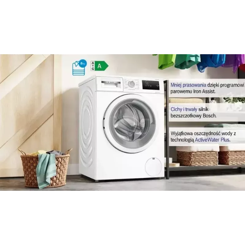 Priekinio įkrovimo skalbimo mašina Bosch WAN2405MPL, 7 kg, 1200 aps./min, A energijos klasė, LED ekranas, balta