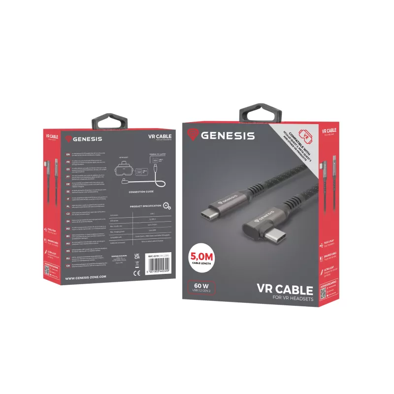 GENESIS NVC-2219 USB laidas USB 3.2 Gen 2 (3.1 Gen 2) 5 m USB C Juoda, Pilka