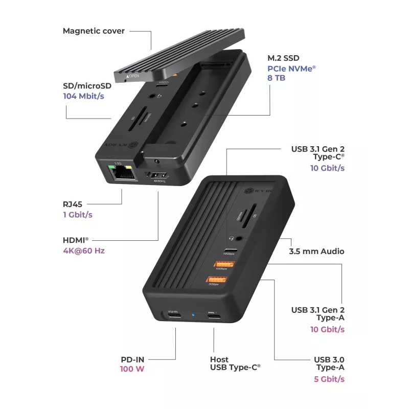 ICY BOX IB-DK4072M-CU31 USB 3.2 Gen 2 (3.1 Gen 1) Type-C juoda