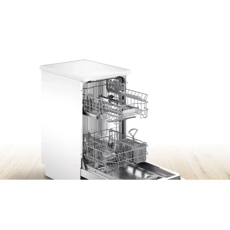 Laisvai pastatoma indaplovė Bosch SPS40E22EU, siaura 45 cm, 9 vietų, 5 programos, 48 dB, balta
