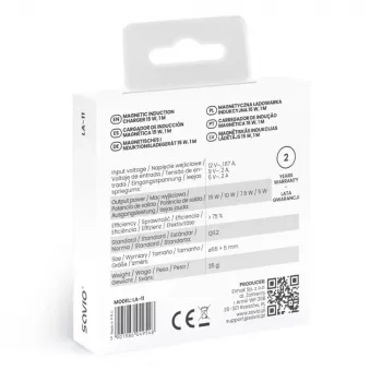 Belaidis vidaus mobilusis įkroviklis SAVIO LA-11, Qi 1.2, 15 W, baltas, 55×55×5 mm