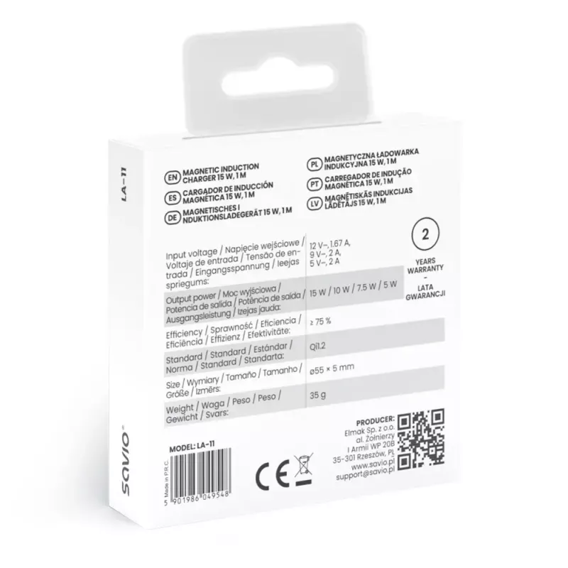 Belaidis vidaus mobilusis įkroviklis SAVIO LA-11, Qi 1.2, 15 W, baltas, 55×55×5 mm