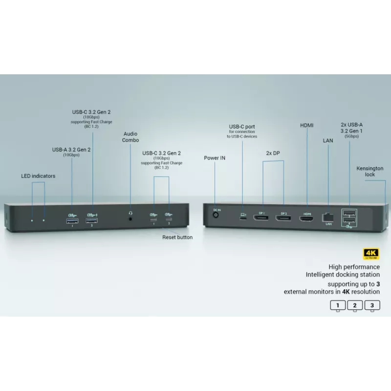 i-tec USB-C išmanioji trijų ekranų prijungimo stotelė + 100 W maitinimo tiekimas