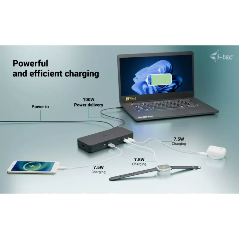 i-tec USB-C išmanioji trijų ekranų prijungimo stotelė + 100 W maitinimo tiekimas