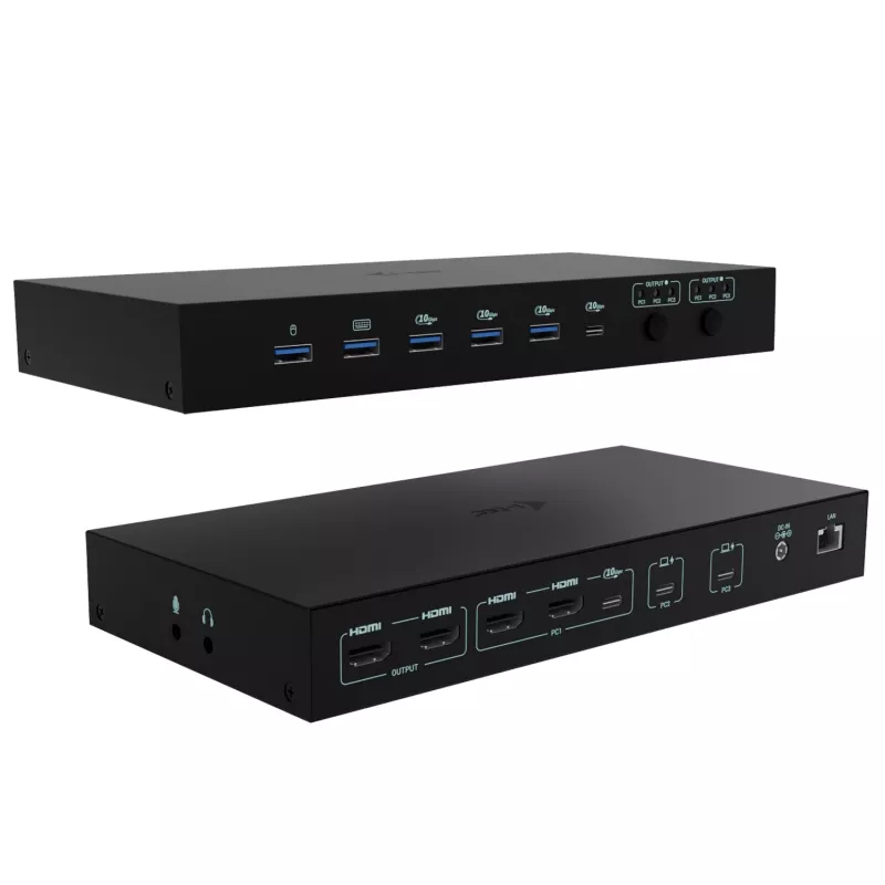 ITEC i-tec USB-C KVM dokų stotis PRO trims kompiuteriams, dviguba vaizdo išvestis, 2x maitinimo tiekimas (iki 92 W), USB 3.2, 10 Gbps, Gigabit Ethernet