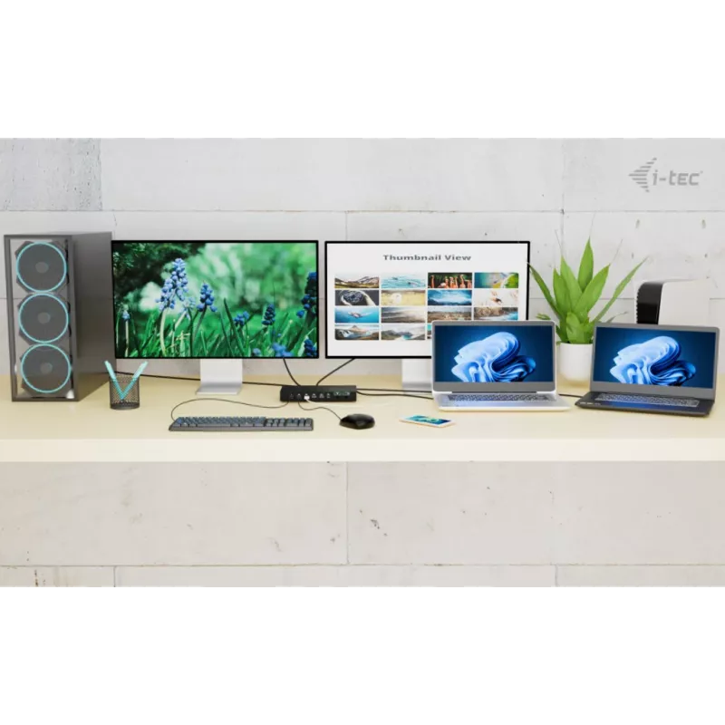 ITEC i-tec USB-C KVM dokų stotis PRO trims kompiuteriams, dviguba vaizdo išvestis, 2x maitinimo tiekimas (iki 92 W), USB 3.2, 10 Gbps, Gigabit Ethernet
