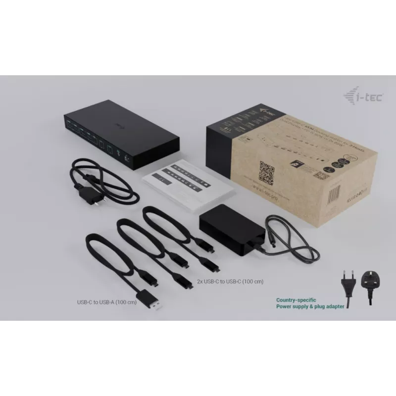 ITEC i-tec USB-C KVM dokų stotis PRO trims kompiuteriams, dviguba vaizdo išvestis, 2x maitinimo tiekimas (iki 92 W), USB 3.2, 10 Gbps, Gigabit Ethernet