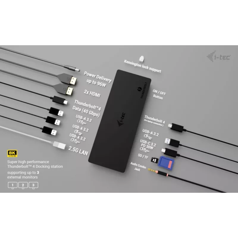 i-tec Thunderbolt4 trigubo ekrano dokavimo stotelė + maitinimo tiekimas 96 W