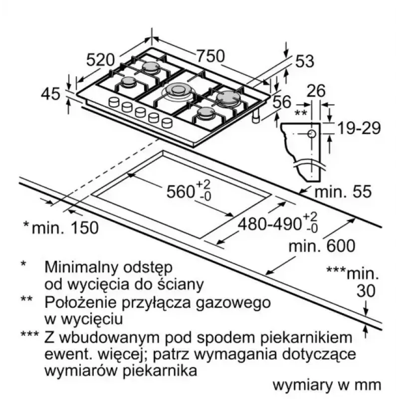 Bosch Serie 6 PCQ7A5I90 kaitlentė Nerūdijantis plienas Įmontuojama 75 cm Dujinė 5 zonos (-ų)