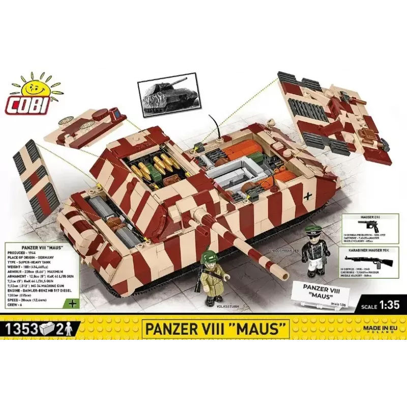 Cobi Building Blocks Panzer VIII Maus modelio rinkinys mastelis 1:35 COBI-3138, detali karinės transporto priemonės replika