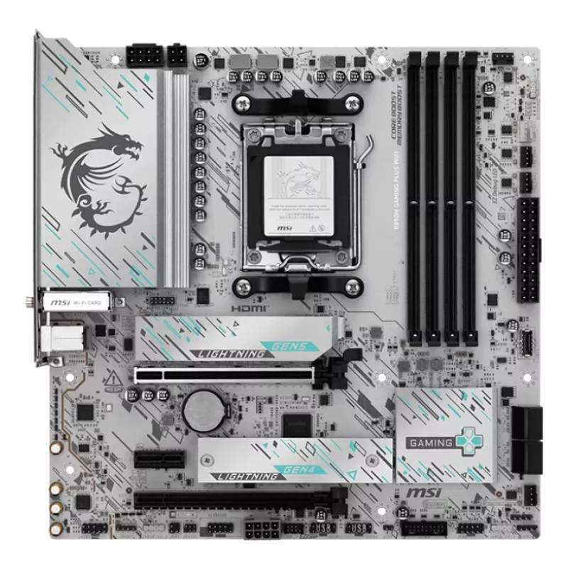 Pagrindinė plokštė MSI B850M GAMING PLUS WIFI — AMD B850, lizdas AM5, mikro ATX, DDR5, 4x DIMM, 3x M.2, Wi‑Fi 7, 5Gb LAN