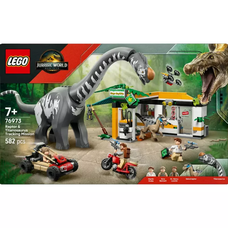 LEGO Jurassic World rinkinys 76973 — Raptorius ir Titanozauras su 3 figūrėlėmis, 582 dalys, amžius 7+