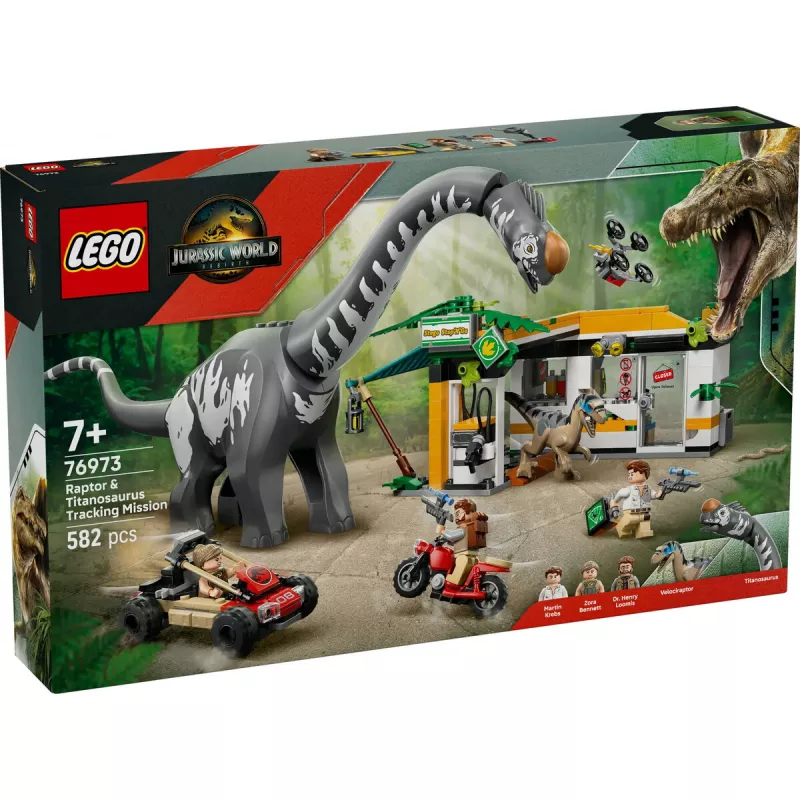 LEGO Jurassic World rinkinys 76973 — Raptorius ir Titanozauras su 3 figūrėlėmis, 582 dalys, amžius 7+