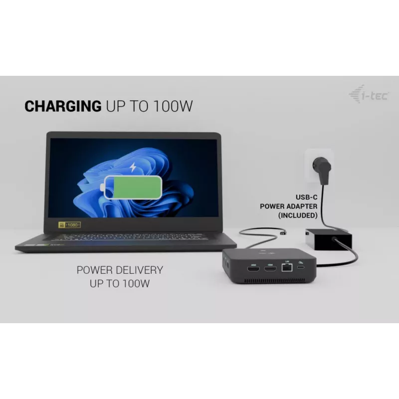 i-tec USB-C DP Dual HDMI prijungimo stotelė su maitinimo tiekimu 100 W + universalus įkroviklis 100 W