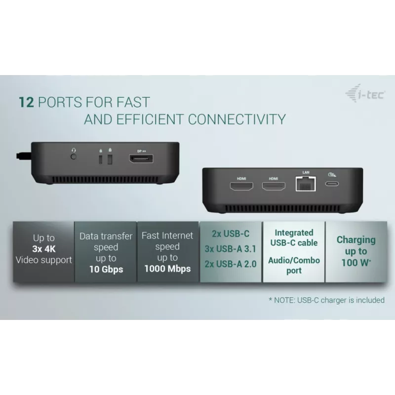 i-tec USB-C DP Dual HDMI prijungimo stotelė su maitinimo tiekimu 100 W + universalus įkroviklis 100 W