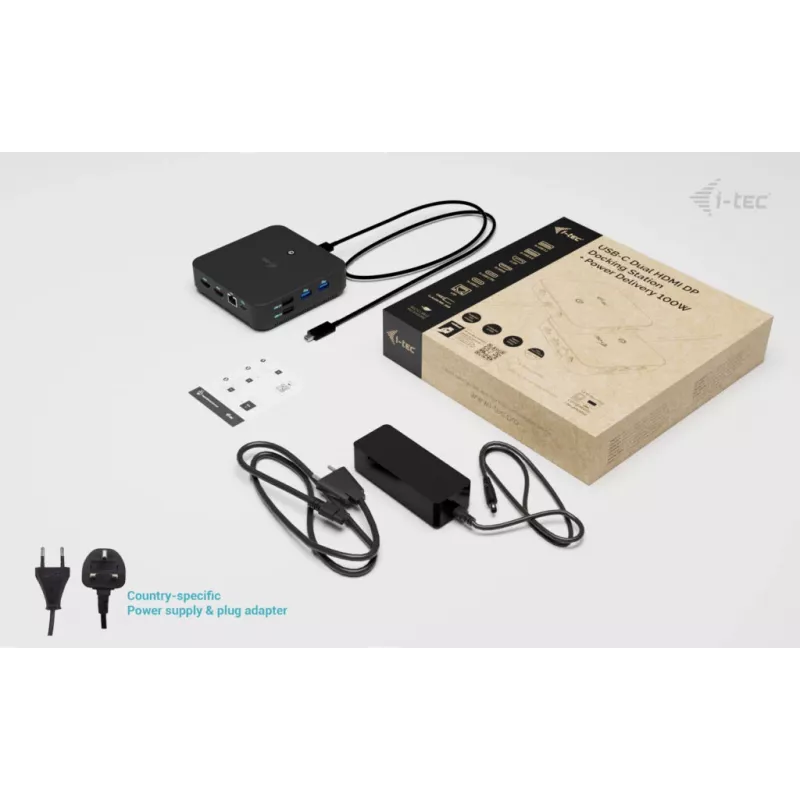 i-tec USB-C DP Dual HDMI prijungimo stotelė su maitinimo tiekimu 100 W + universalus įkroviklis 100 W