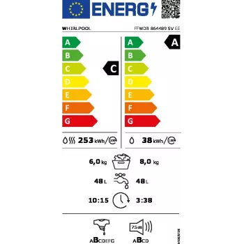 Skalbimo mašina-džiovyklė WHIRLPOOL FFWDB 864489 SV EE priekinio įkrovimo 6 kg 1400 aps./min balta