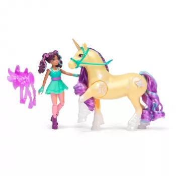 Unicorn Academy, Ava ir augalų magijos lapas su apšvietimo efektu, 2 jojimo aksesuarai, lėlės ir vienaragių žaislai mergaitėms nuo 4 metų