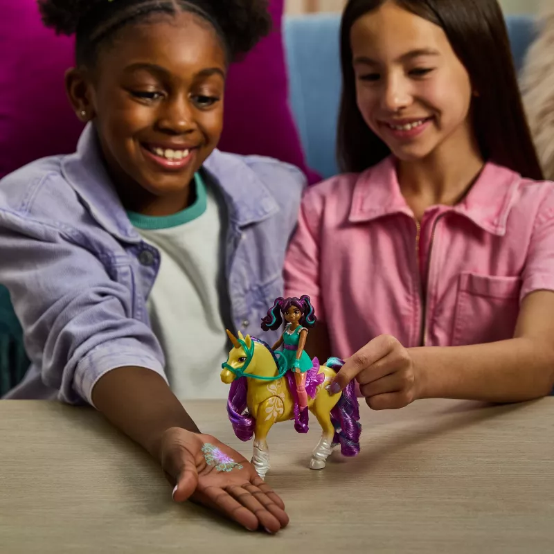Unicorn Academy, Ava ir augalų magijos lapas su apšvietimo efektu, 2 jojimo aksesuarai, lėlės ir vienaragių žaislai mergaitėms nuo 4 metų
