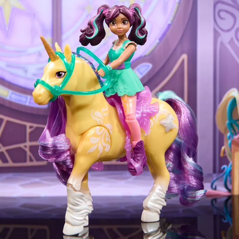 Unicorn Academy, Ava ir augalų magijos lapas su apšvietimo efektu, 2 jojimo aksesuarai, lėlės ir vienaragių žaislai mergaitėms nuo 4 metų