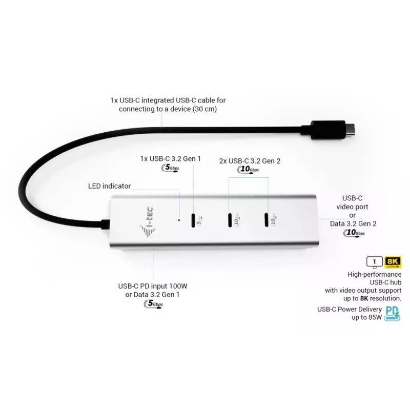 i-tec Metal USB-C Charging HUB 5 prievadų su USB-C vaizdo išvestimi 8K + Power Delivery 85W