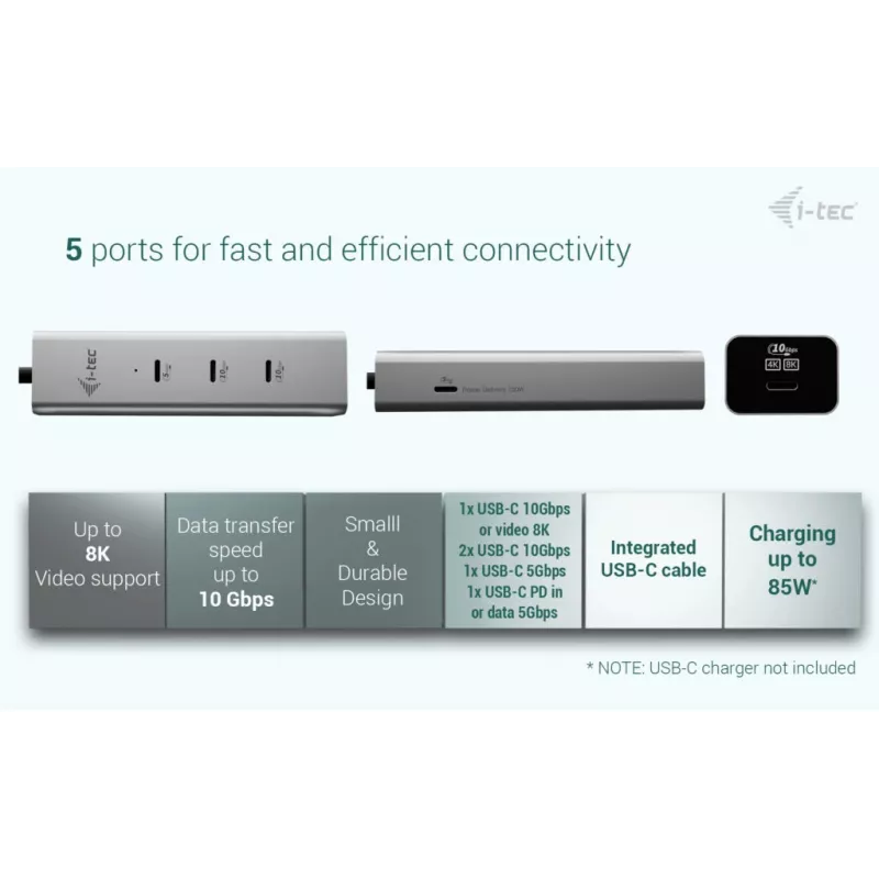 i-tec Metal USB-C Charging HUB 5 prievadų su USB-C vaizdo išvestimi 8K + Power Delivery 85W