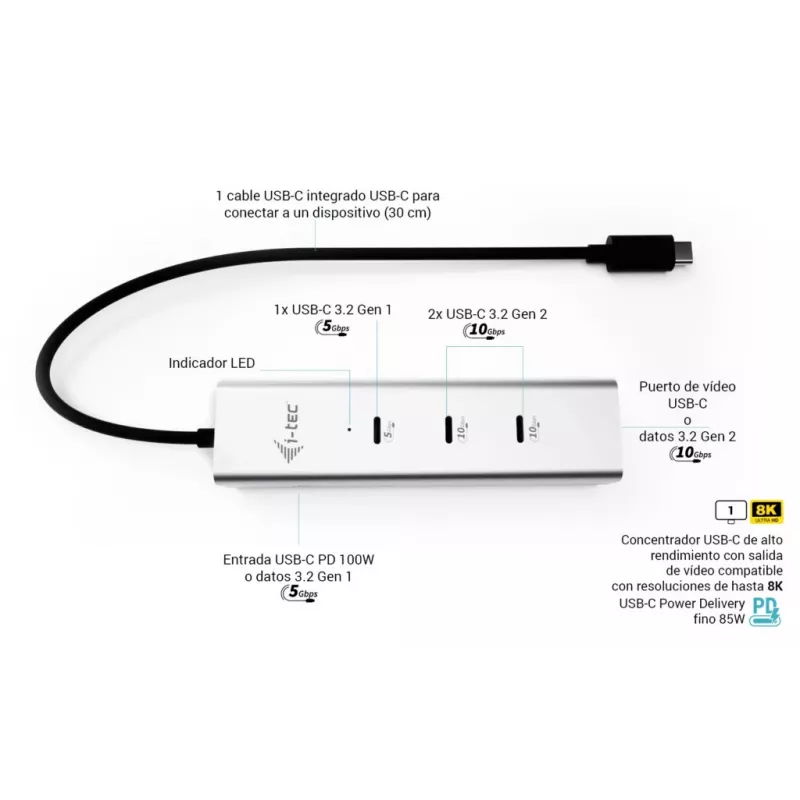 i-tec Metal USB-C Charging HUB 5 prievadų su USB-C vaizdo išvestimi 8K + Power Delivery 85W