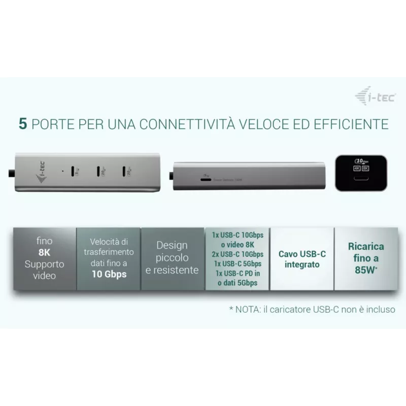 i-tec Metal USB-C Charging HUB 5 prievadų su USB-C vaizdo išvestimi 8K + Power Delivery 85W
