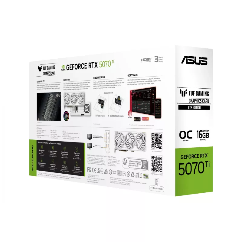 Vaizdo plokštė ASUS TUF NVIDIA GeForce RTX 5070 Ti 16 GB GDDR7 256 bitų PCIe 5.0 3 ventiliatoriai balta