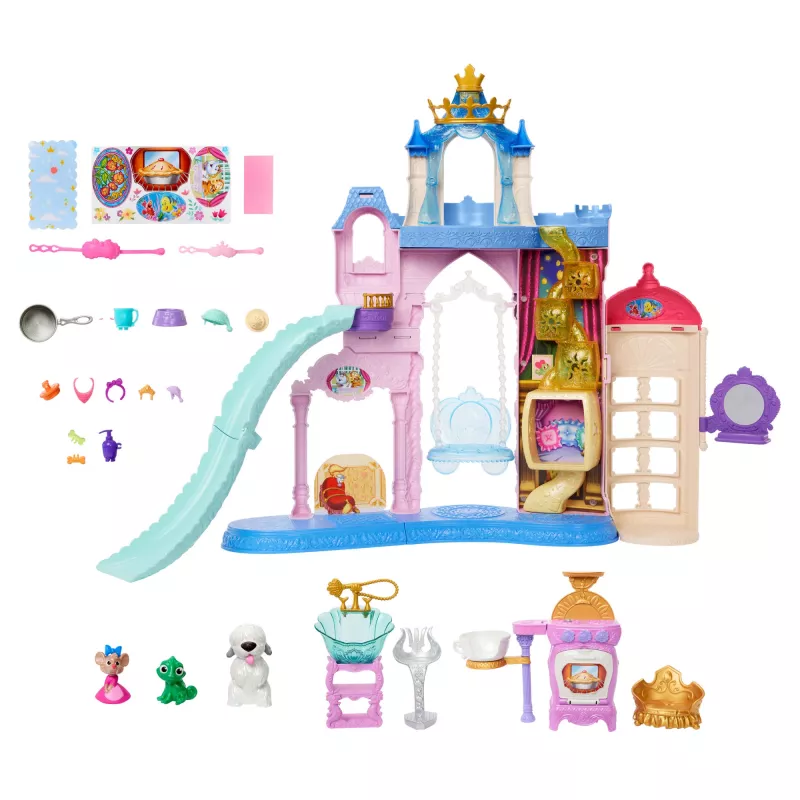 Disney Princess Pet Palace žaidimų rinkinys su 7 žaidimo zonomis, 3 gyvūnų draugais ir daugiau nei 20 baldų bei aksesuarų