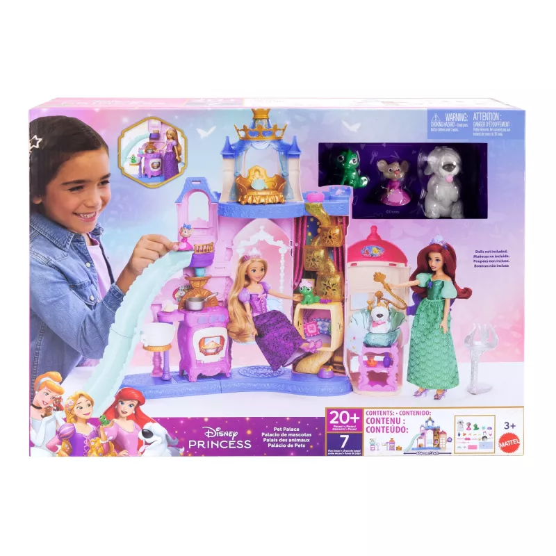 Disney Princess Pet Palace žaidimų rinkinys su 7 žaidimo zonomis, 3 gyvūnų draugais ir daugiau nei 20 baldų bei aksesuarų