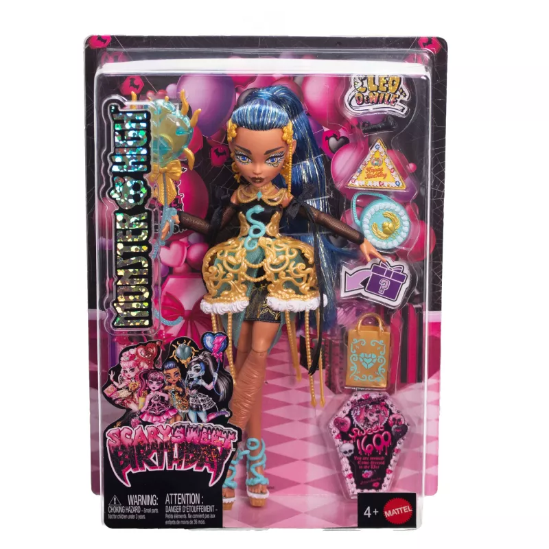 Monster High Scary Sweet Birthday lėlė Cleo De Nile su vakarėlio suknele, balionu ir dovana