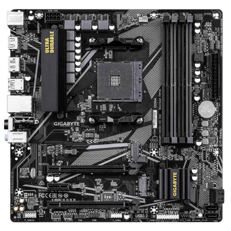 GIGABYTE B550M DS3H AC R2 pagrindinė plokštė – AMD Ryzen 5000 procesoriams, 5+3 fazių VRM, iki 4733MHz DDR4 (O.C.), 1xPCIe 4.0 + 1xPCIe 3.0 M.2, Wi-Fi 5, 1GbE LAN, USB 3.2 Gen 1