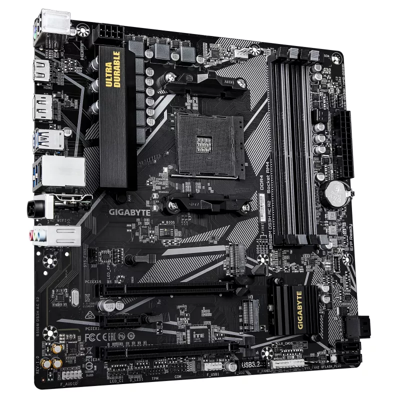 GIGABYTE B550M DS3H AC R2 pagrindinė plokštė – AMD Ryzen 5000 procesoriams, 5+3 fazių VRM, iki 4733MHz DDR4 (O.C.), 1xPCIe 4.0 + 1xPCIe 3.0 M.2, Wi-Fi 5, 1GbE LAN, USB 3.2 Gen 1