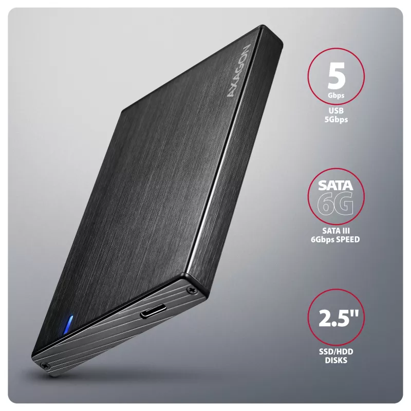 Axagon EE25-XA6C kompaktiška aliumininė USB-C 5 Gbps – SATA 6G išorinė dėžutė 2,5 colio SSD/HDD