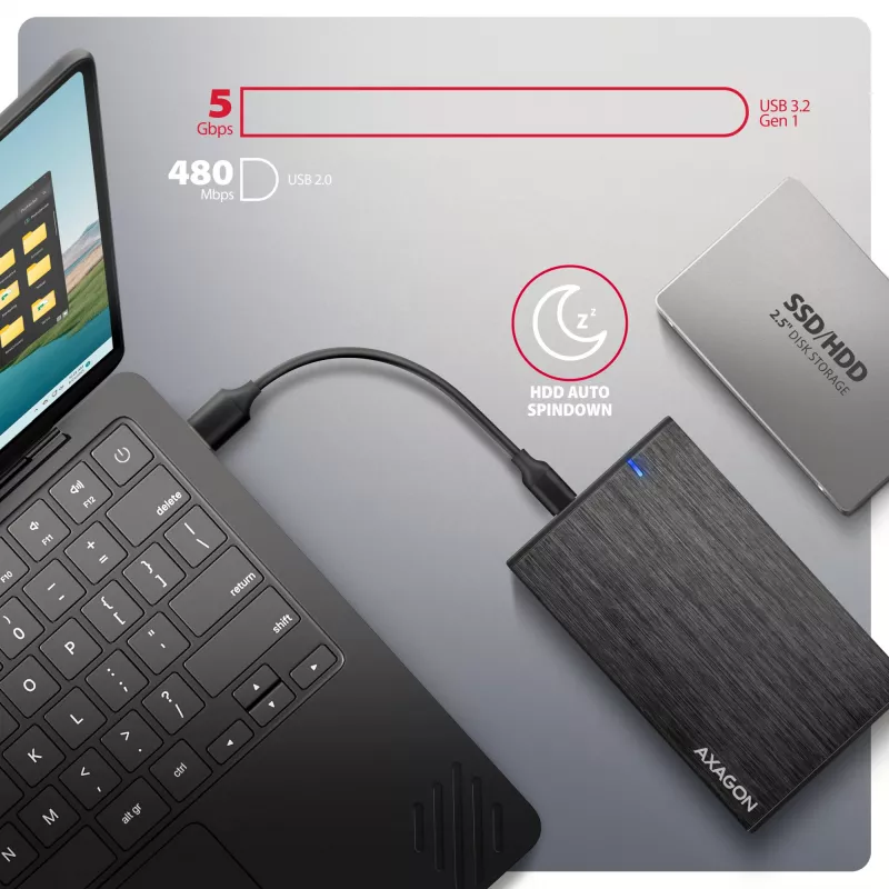 Axagon EE25-XA6C kompaktiška aliumininė USB-C 5 Gbps – SATA 6G išorinė dėžutė 2,5 colio SSD/HDD