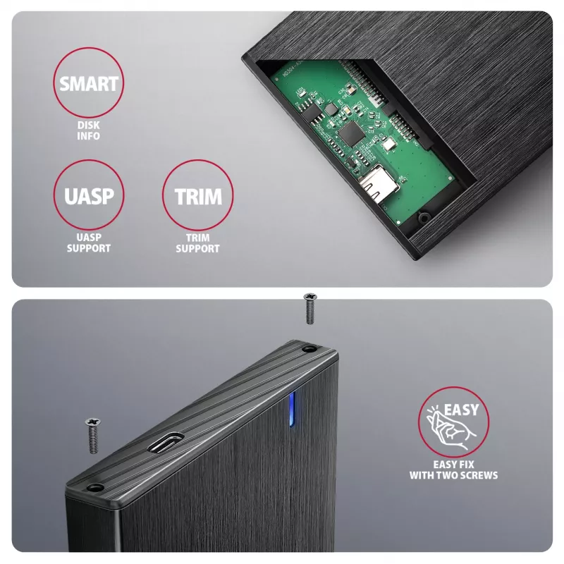 Axagon EE25-XA6C kompaktiška aliumininė USB-C 5 Gbps – SATA 6G išorinė dėžutė 2,5 colio SSD/HDD