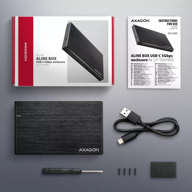 Axagon EE25-XA6C kompaktiška aliumininė USB-C 5 Gbps – SATA 6G išorinė dėžutė 2,5 colio SSD/HDD