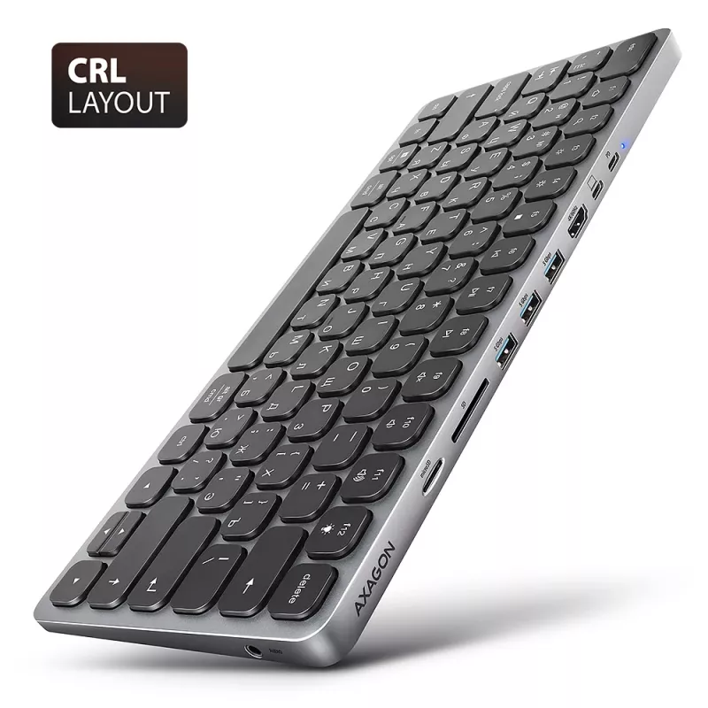 Axagon HMC-KB-CRL, USB 5Gbps šakotuvas su klaviatūra, HDMI 4K/60Hz, 3x USB-A, SD/mSD, garso lizdas, PD100, kirilicos išdėstymas